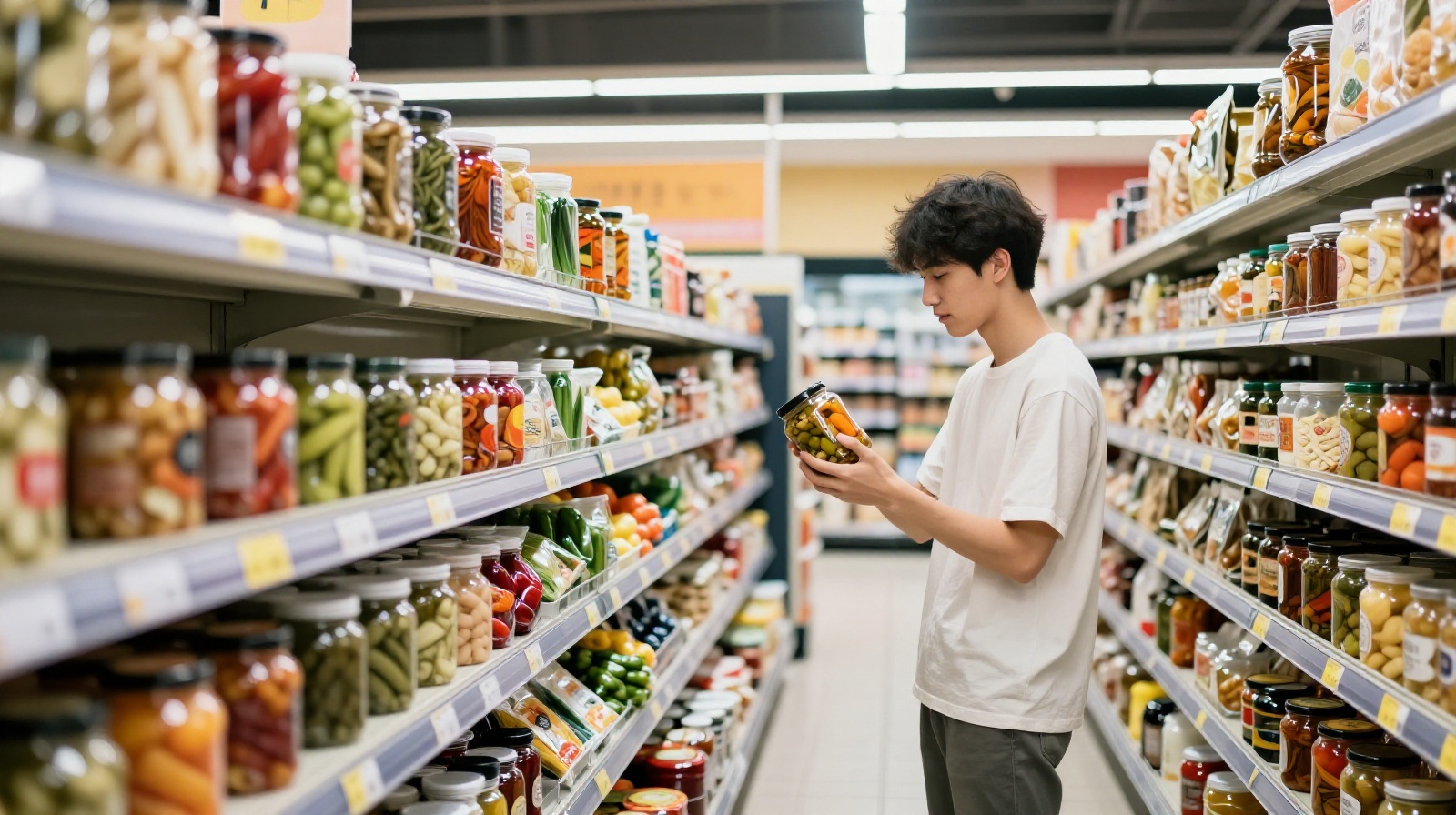 A modern Chinese supermarket shelf filled with diverse packaged fermented foods and pickles for sale