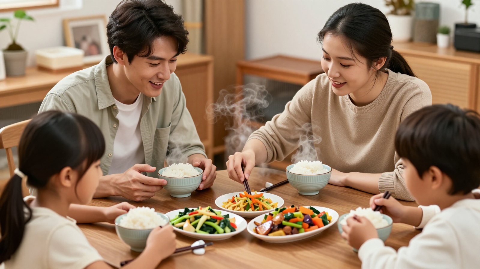 A Chinese family enjoying a meal together with traditional fermented side dishes on the table