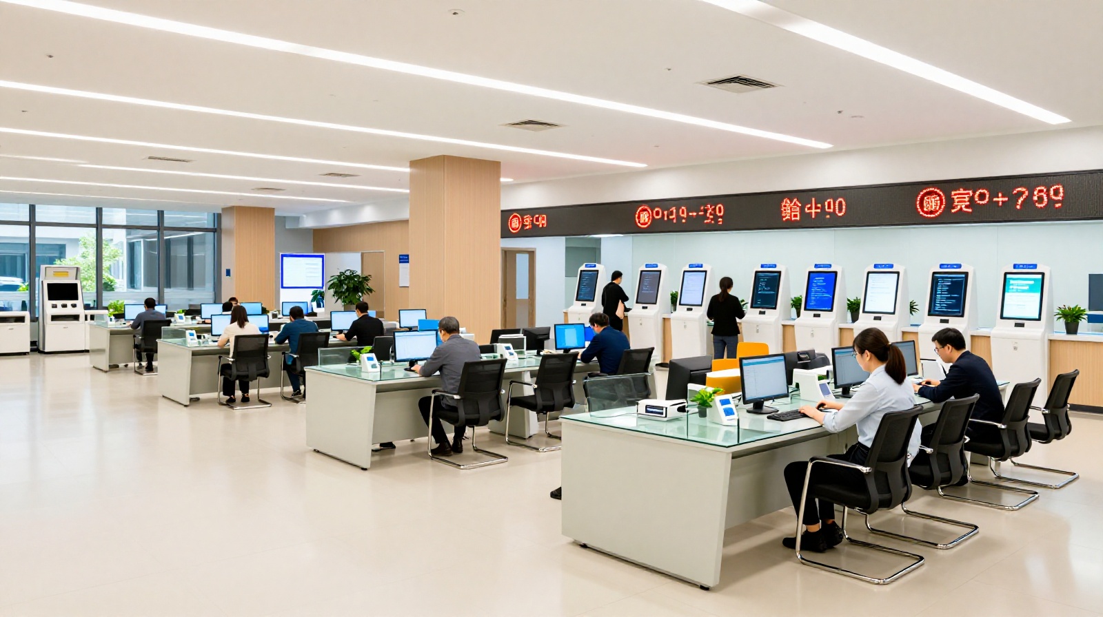 A clean, modern interior of a government service center with self-service kiosks and citizens working quietly on digital terminals.