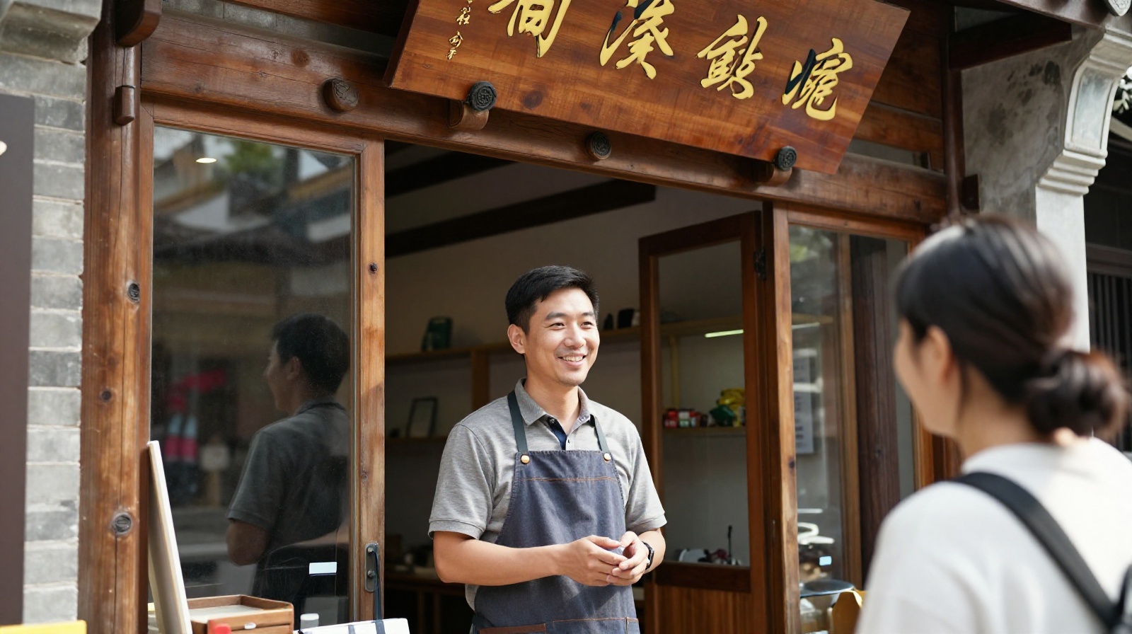 A local shop owner in front of his family's historic wooden building inside a renovated Chinese water town, discussing the balance between tourism and home life.