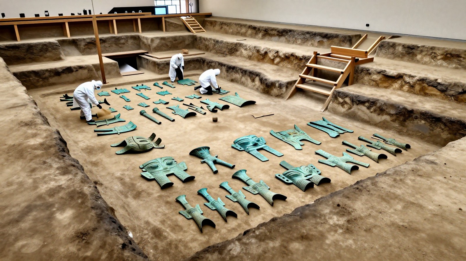 Archaeologists excavating a pit at the Sanxingdui site revealing layers of earth and ancient bronze artifacts