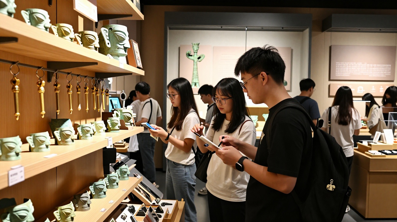Young Chinese tourists buying souvenirs of Sanxingdui artifacts at a museum gift shop in Chengdu