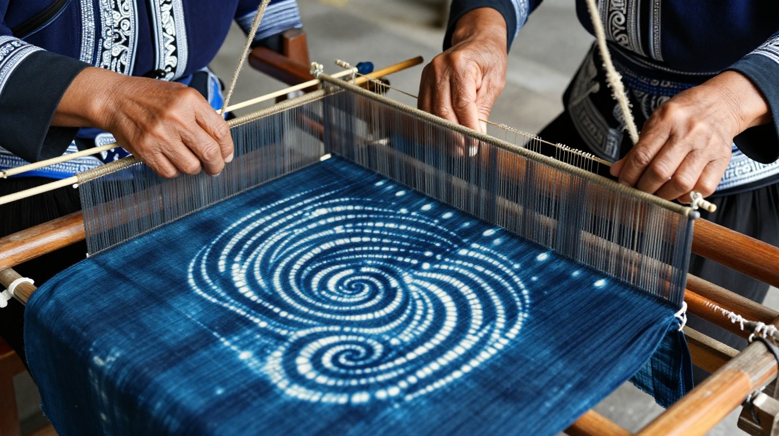 Close-up of hands weaving intricate indigo blue and white patterns on a traditional wooden loom in a Guizhou village