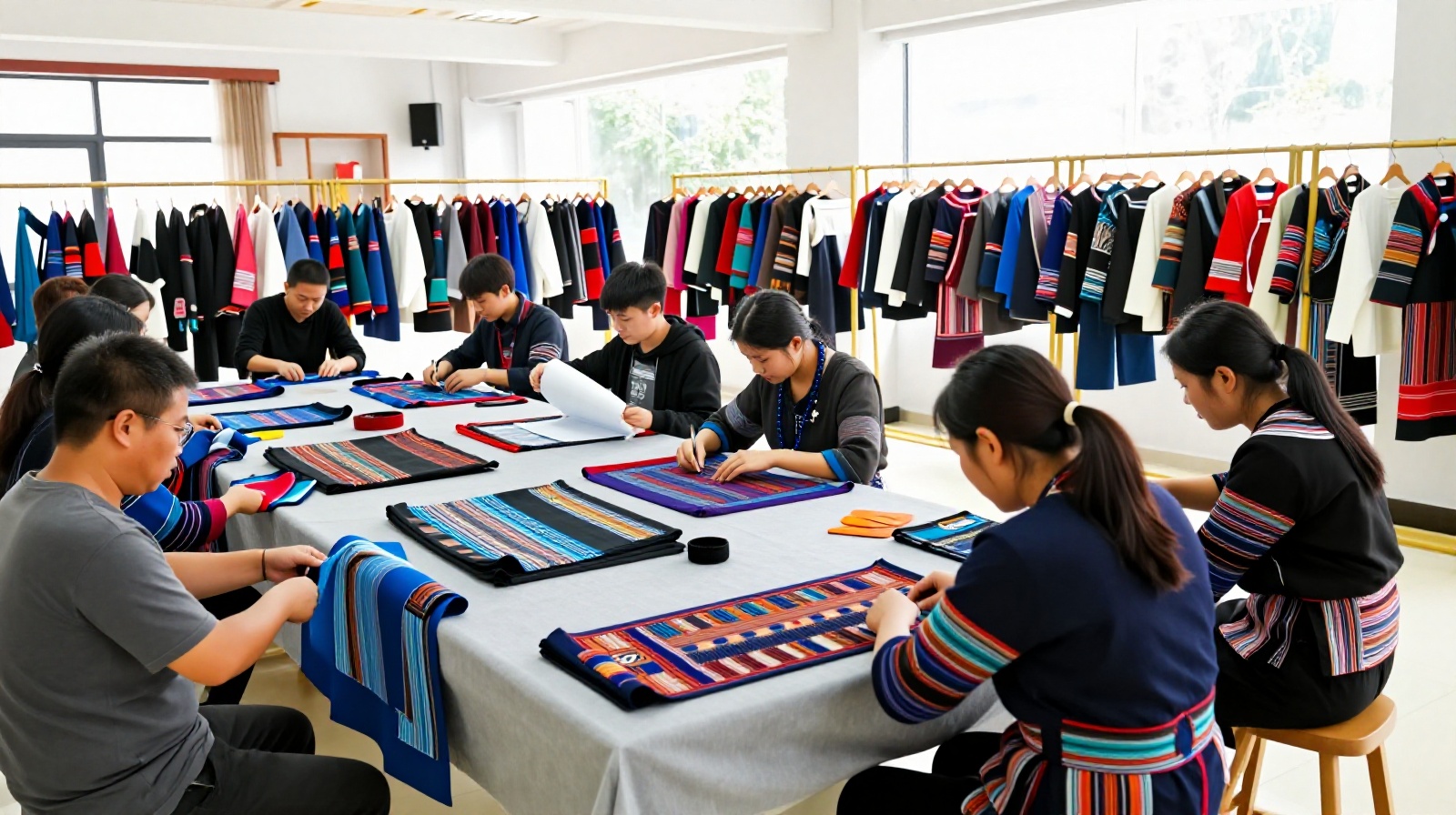 Young designers collaborating with local Guizhou weavers to create modern fashion from traditional textiles