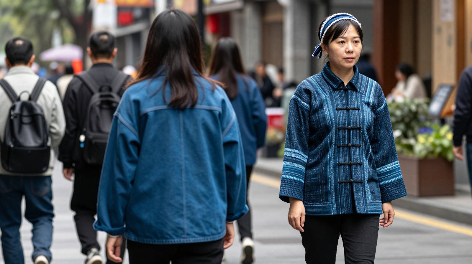 People in modern Guizhou city wearing contemporary fashion items made from traditional hand-woven textiles