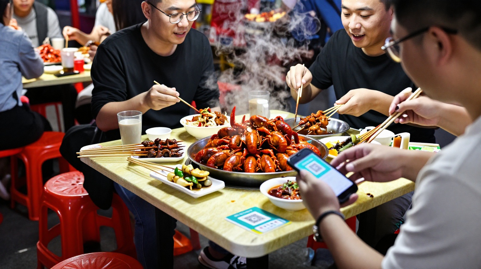 Diverse locals enjoying street food and using digital payments at a vibrant Chinese night market