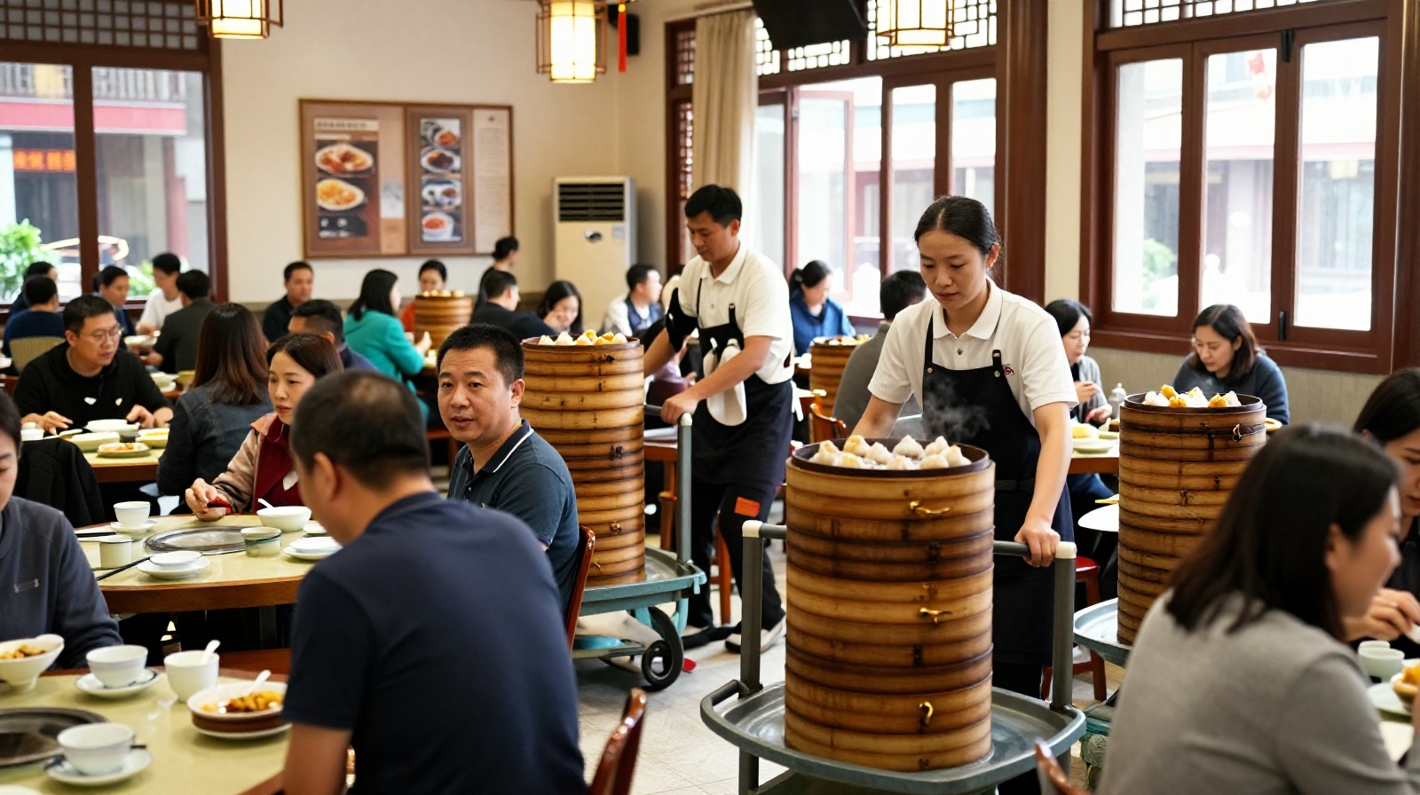 Traditional dim sum service in a busy Hong Kong or Guangzhou tea house