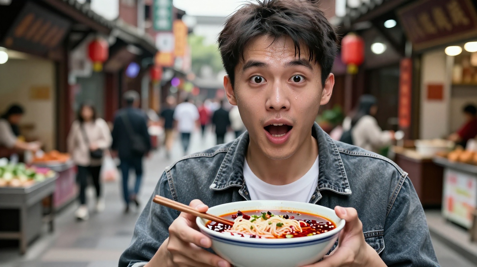 Tourist reacting to the intense spice level of regional Chinese cuisine