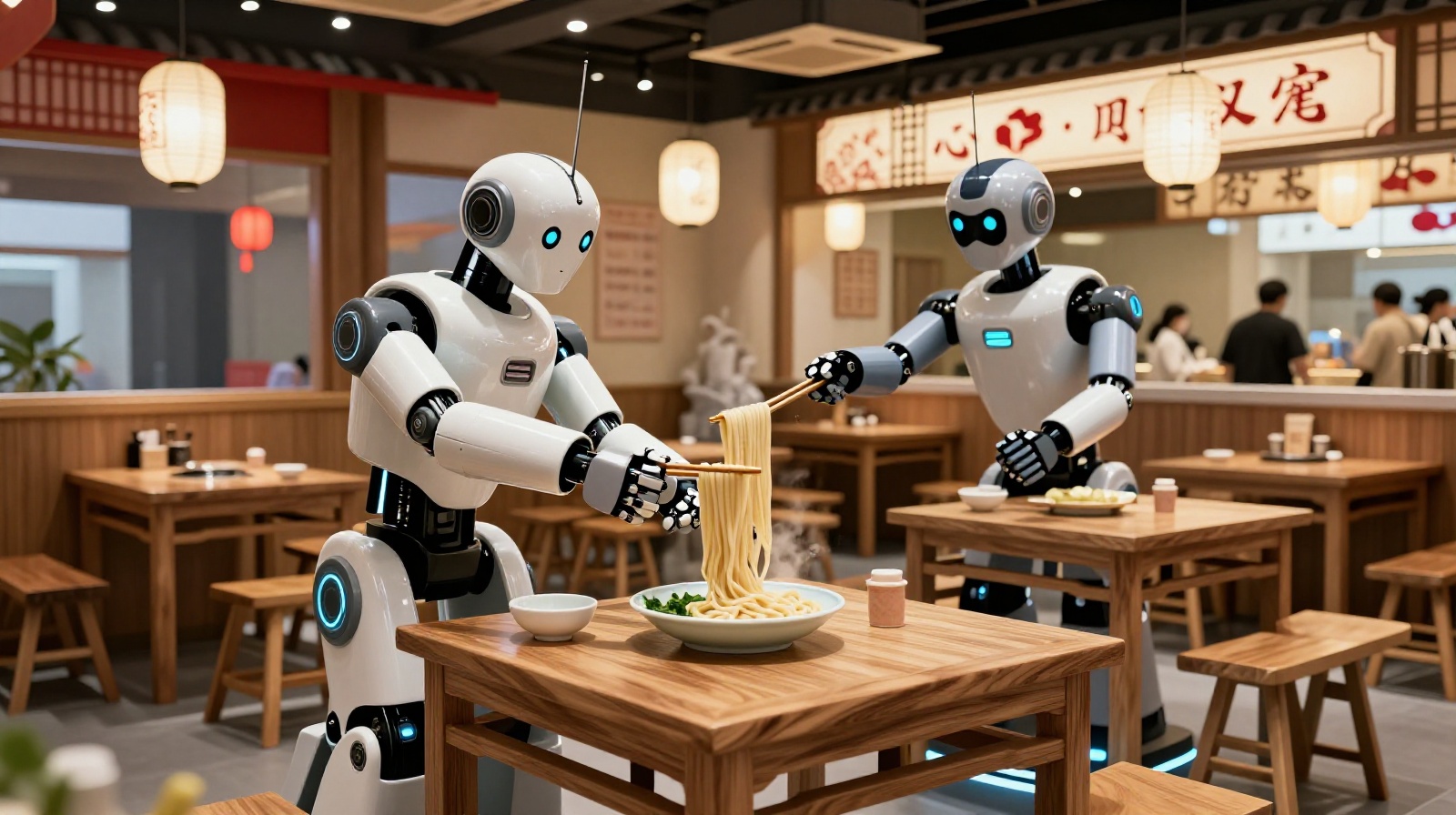 Robot servers delivering food in a high-tech modern Chinese restaurant