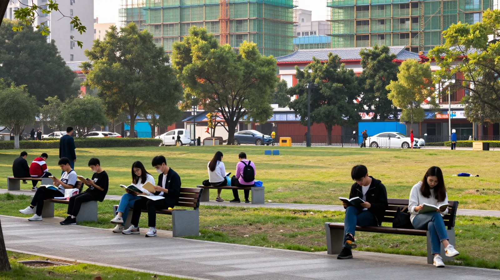 Young Chinese professionals relaxing in a city park instead of visiting real estate showrooms