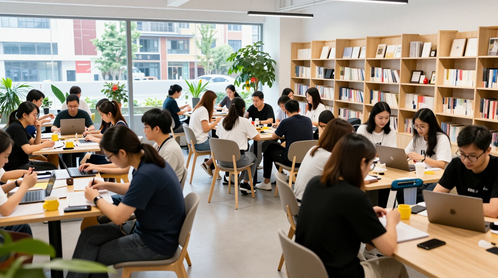 Neighbors sharing resources and socializing at a modern Chinese community service point