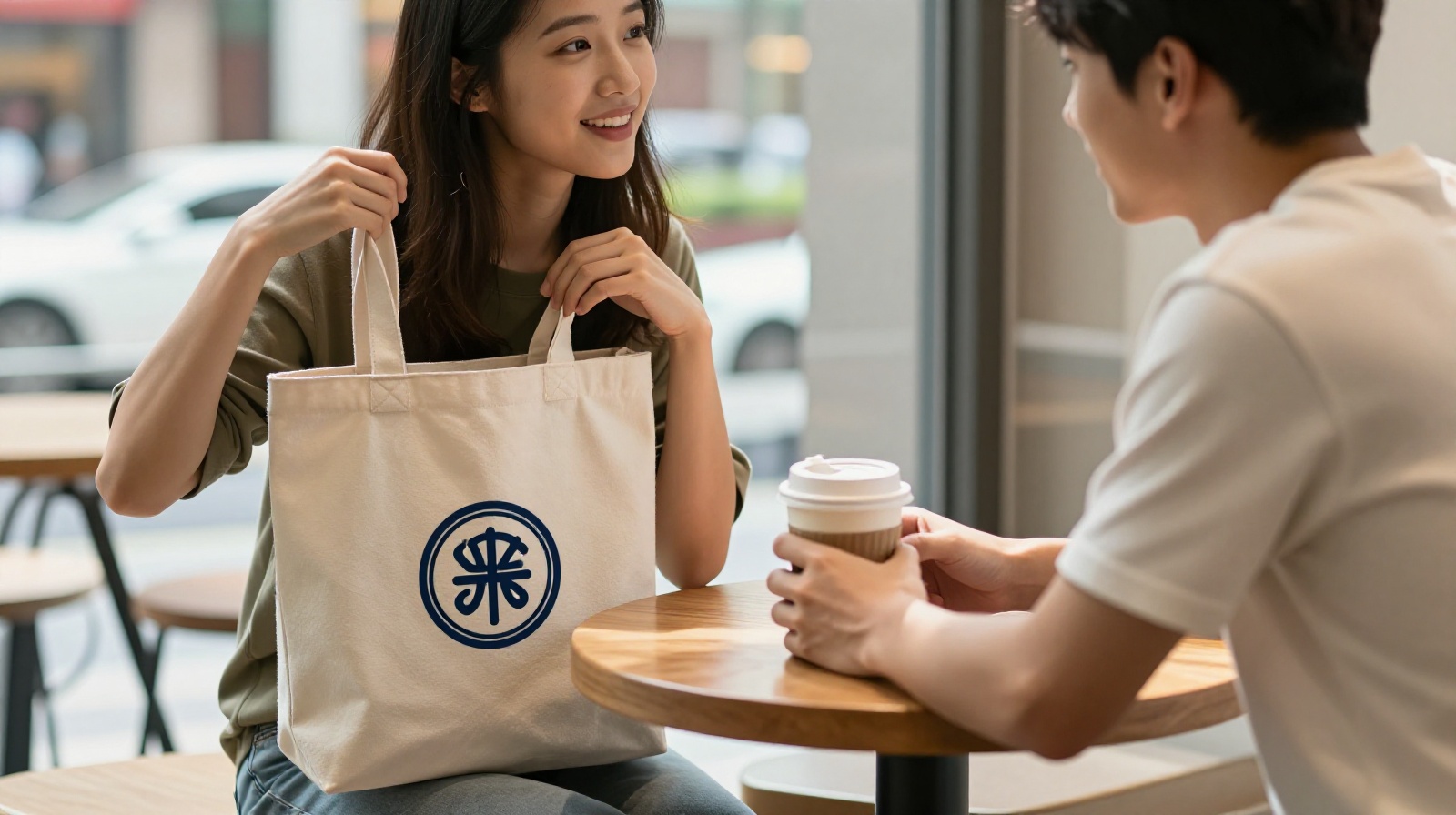 Young Chinese couple discussing shopping choices in a modern Shanghai cafe, focusing on a domestic brand tote bag
