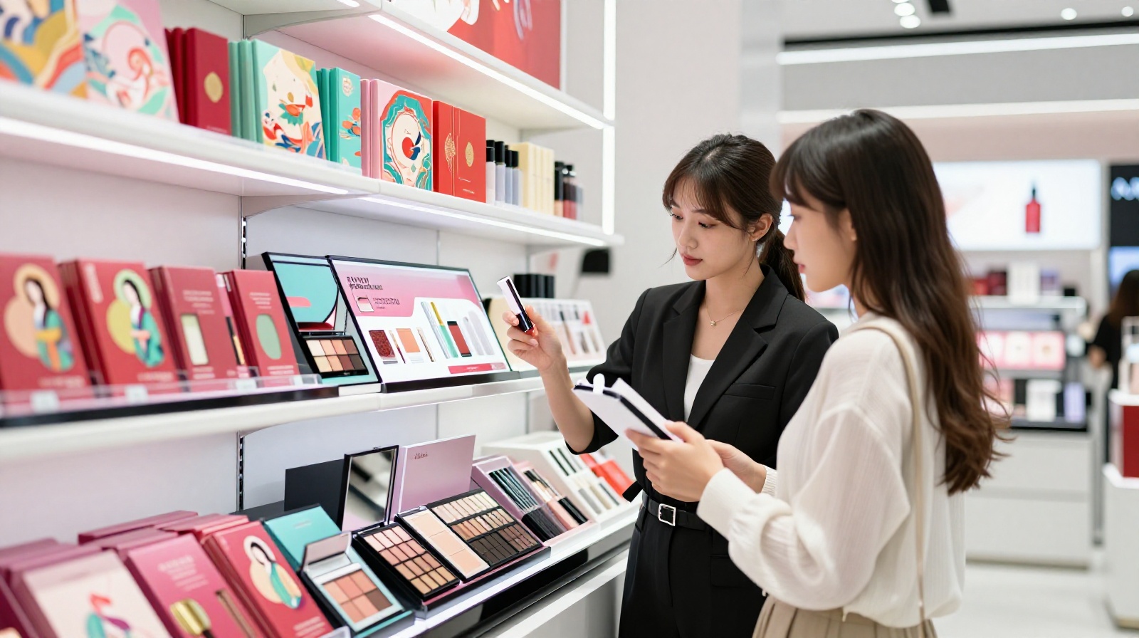 Modern cosmetics store interior in Guangzhou showcasing domestic beauty brands with traditional cultural designs