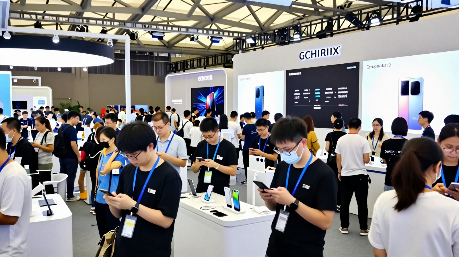 Bustling electronics exhibition in Shenzhen where attendees test innovative domestic smartphone brands
