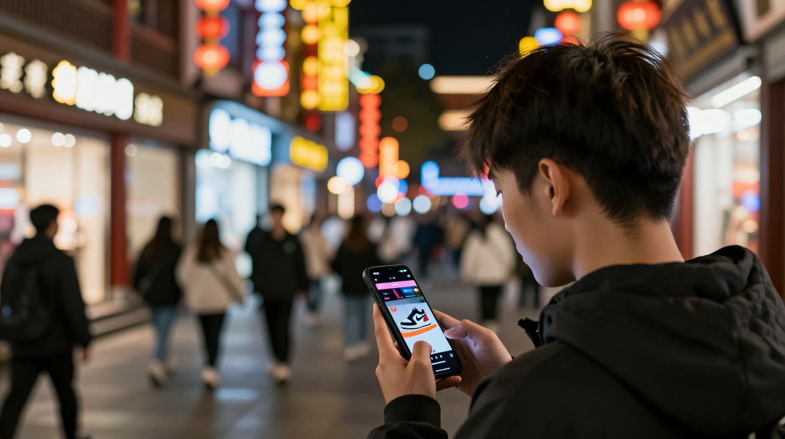 Young Chinese consumer watching a live stream for domestic brand sneakers on a busy city street at night