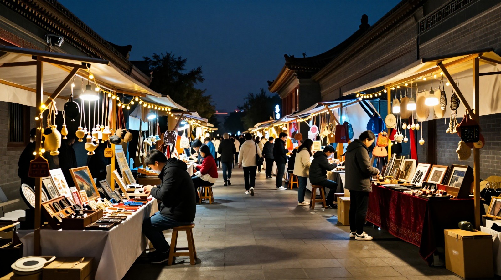Shoppers browse colorful handmade crafts at a bustling night market in Xi'an, illuminated by strings of warm lights against the evening sky