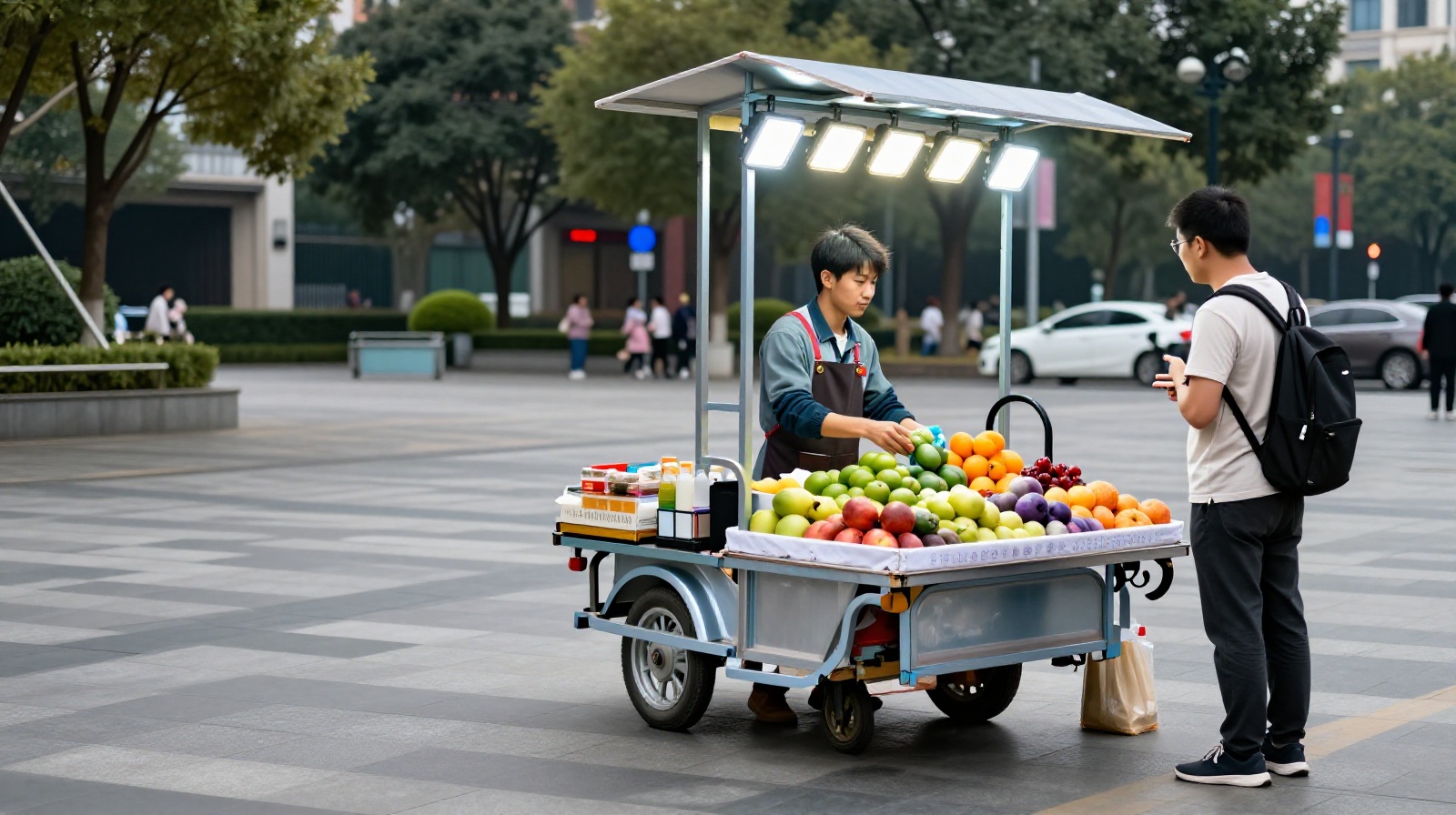 A young vendor organizes fresh fruits on a neatly arranged cart under the glow of LED streetlights, interacting with customers at a revitalized urban plaza