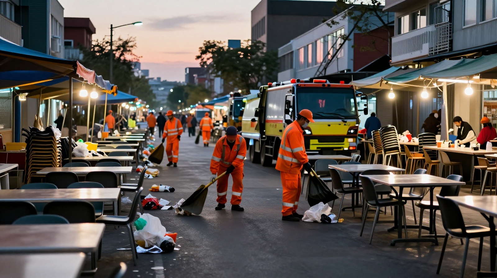 City sanitation workers clean up trash from a busy night market street early in the morning, highlighting the daily maintenance required to keep public spaces orderly