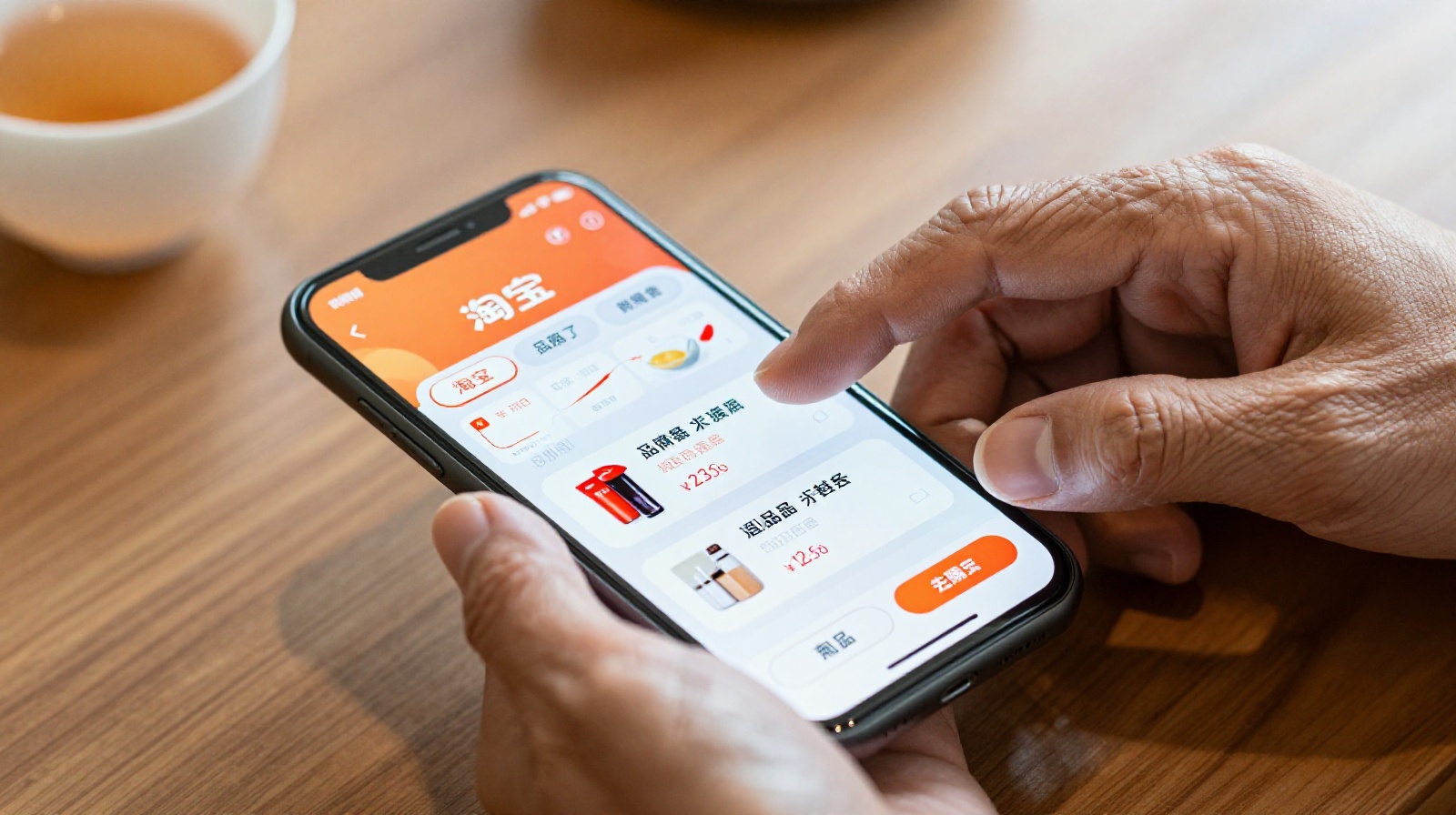 Close up of elderly woman's hands shopping online on a smartphone with large font interface