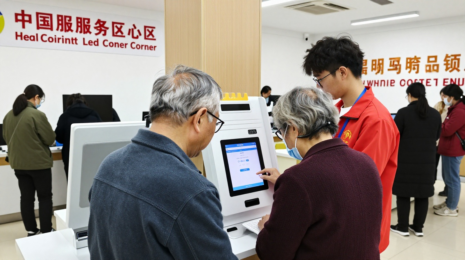 Volunteer helping senior citizens use digital payment kiosks in a community center