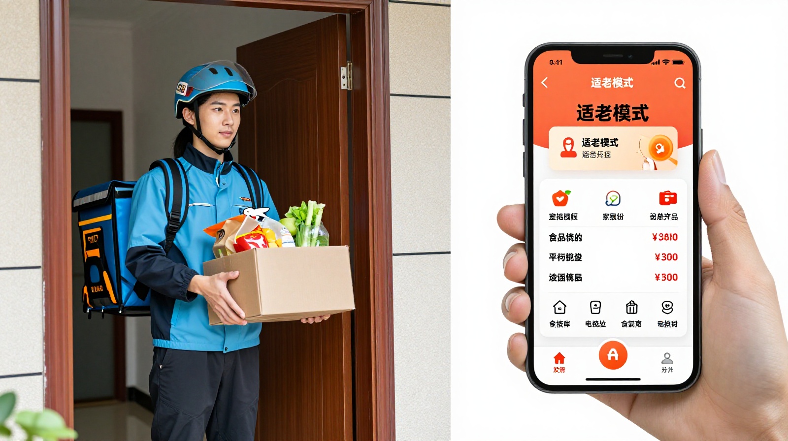 Delivery rider bringing groceries to senior's home illustrating the silver economy logistics