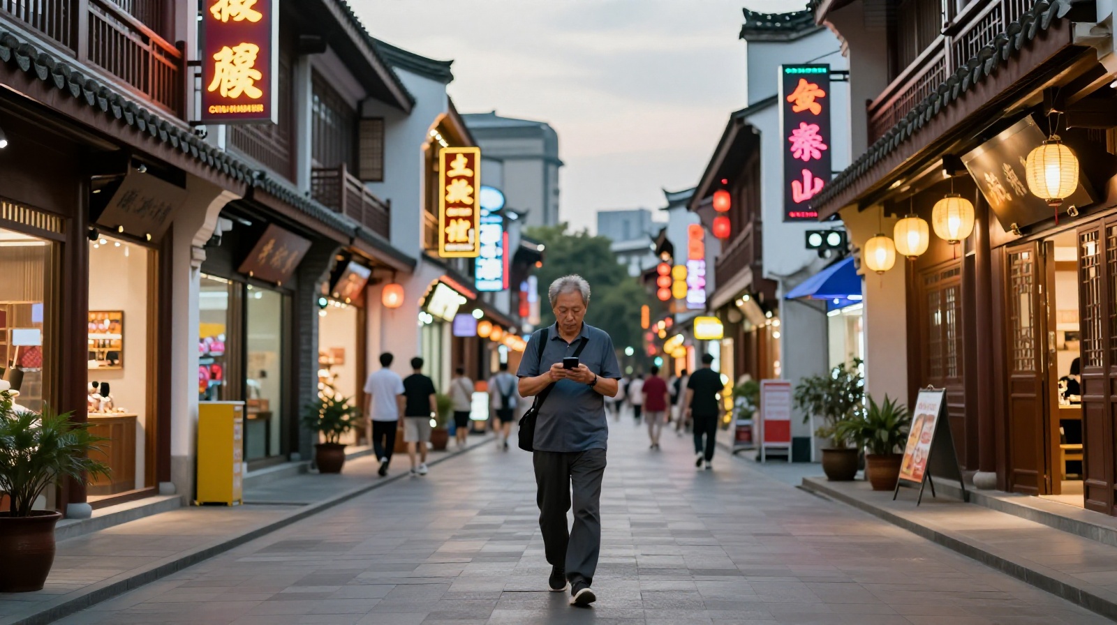 Senior citizen walking on a modern Chinese city street using a smartphone
