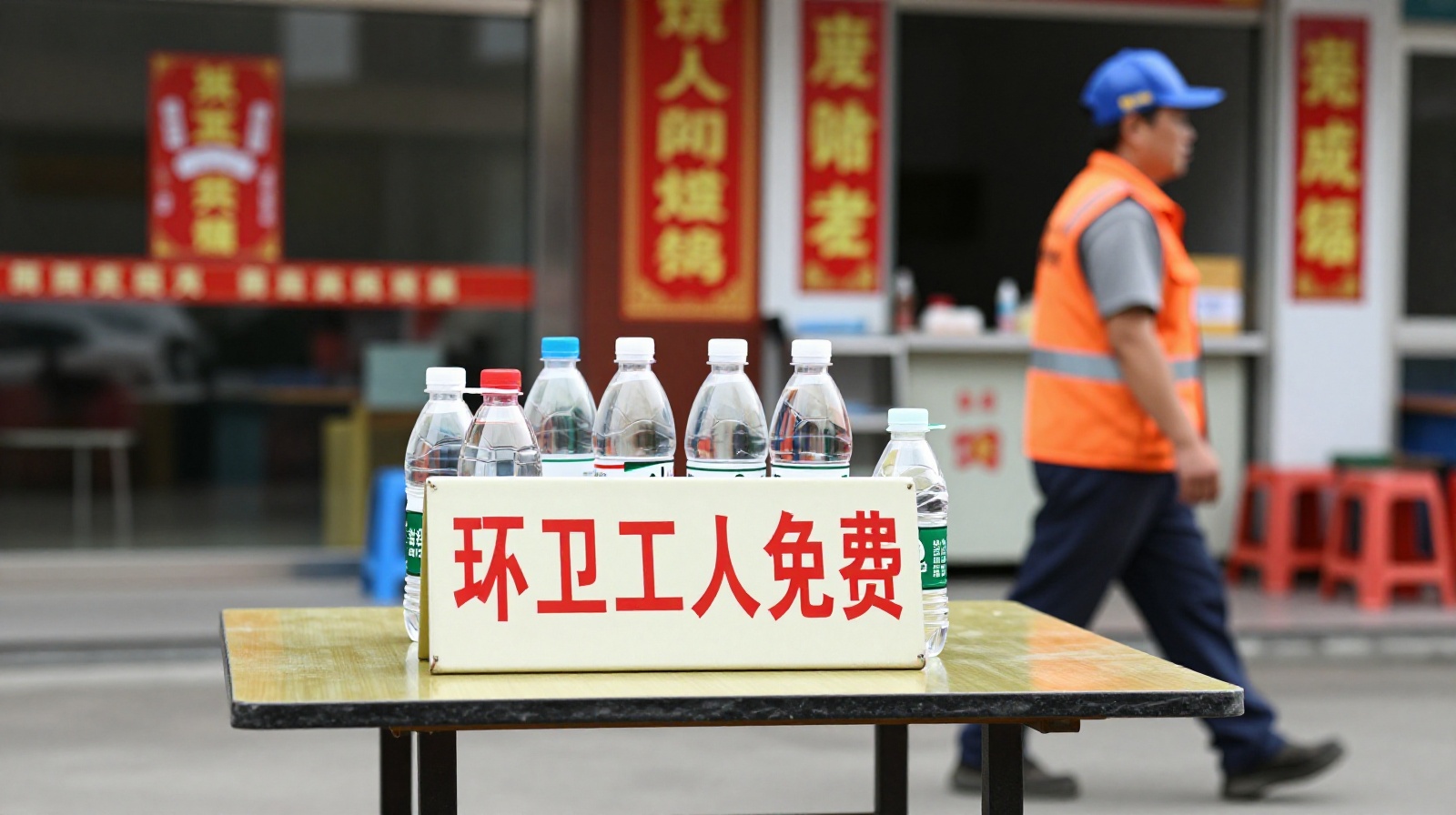 A small table outside a Chinese convenience store displaying free water bottles for sanitation workers, with a handwritten sign in Chinese characters