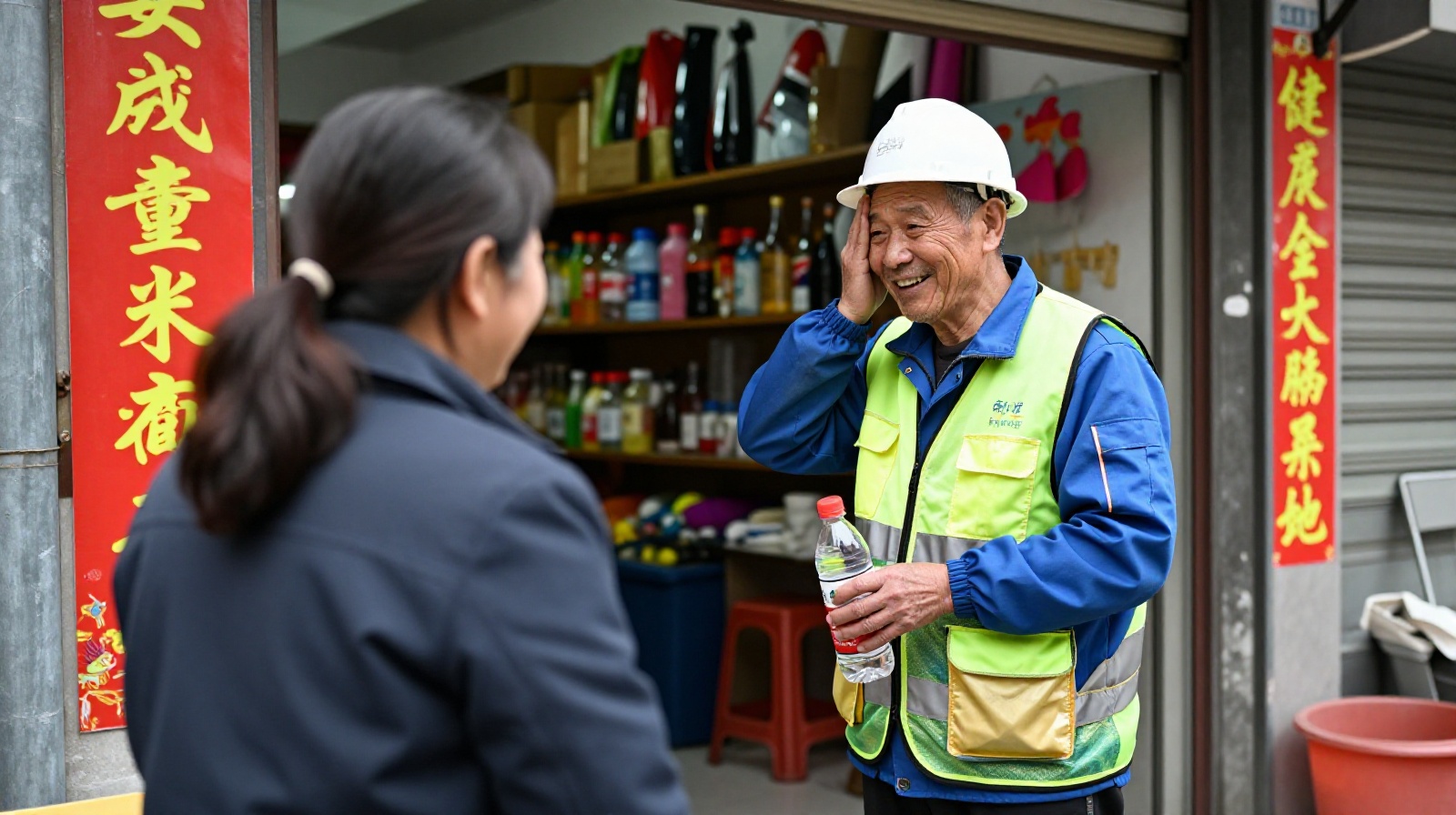 An interaction between a Chinese shopkeeper and a sanitation worker exchanging a friendly smile and water bottles on a city sidewalk