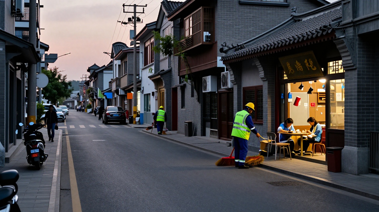 Dawn scene in a Chinese city showing sanitation workers cleaning streets near open shops before sunrise