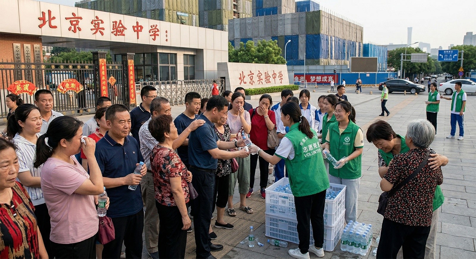 Retired volunteers providing water and support to anxious parents waiting outside a Chinese high school for the Gaokao exam.