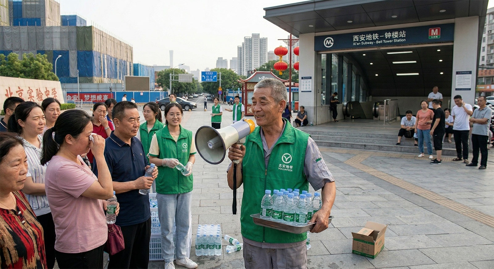 A retired volunteer worker assisting students' families during the Gaokao season in an urban Chinese neighborhood.