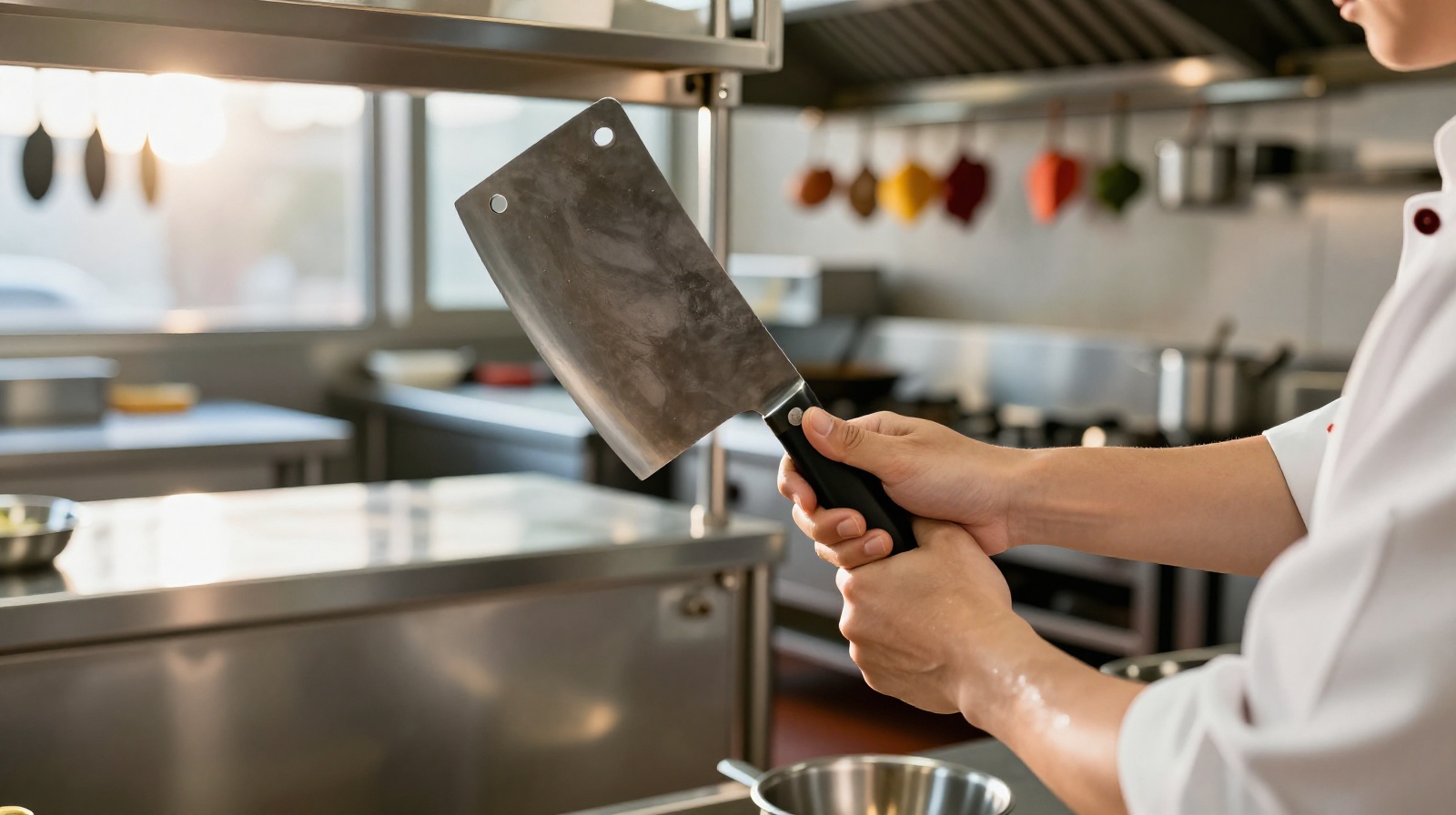 Chinese head chef selecting a heavy cleaver from a magnetic strip in a busy restaurant kitchen early in the morning