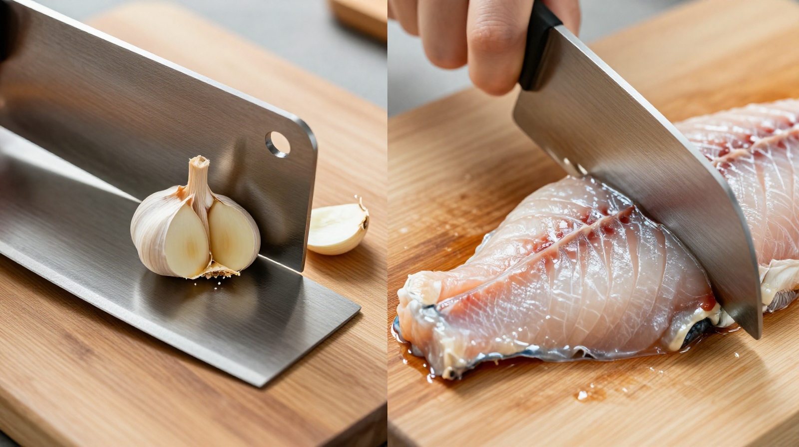 Close-up details of a Chinese cleaver using its flat side to smash garlic and its sharp edge to slice fish