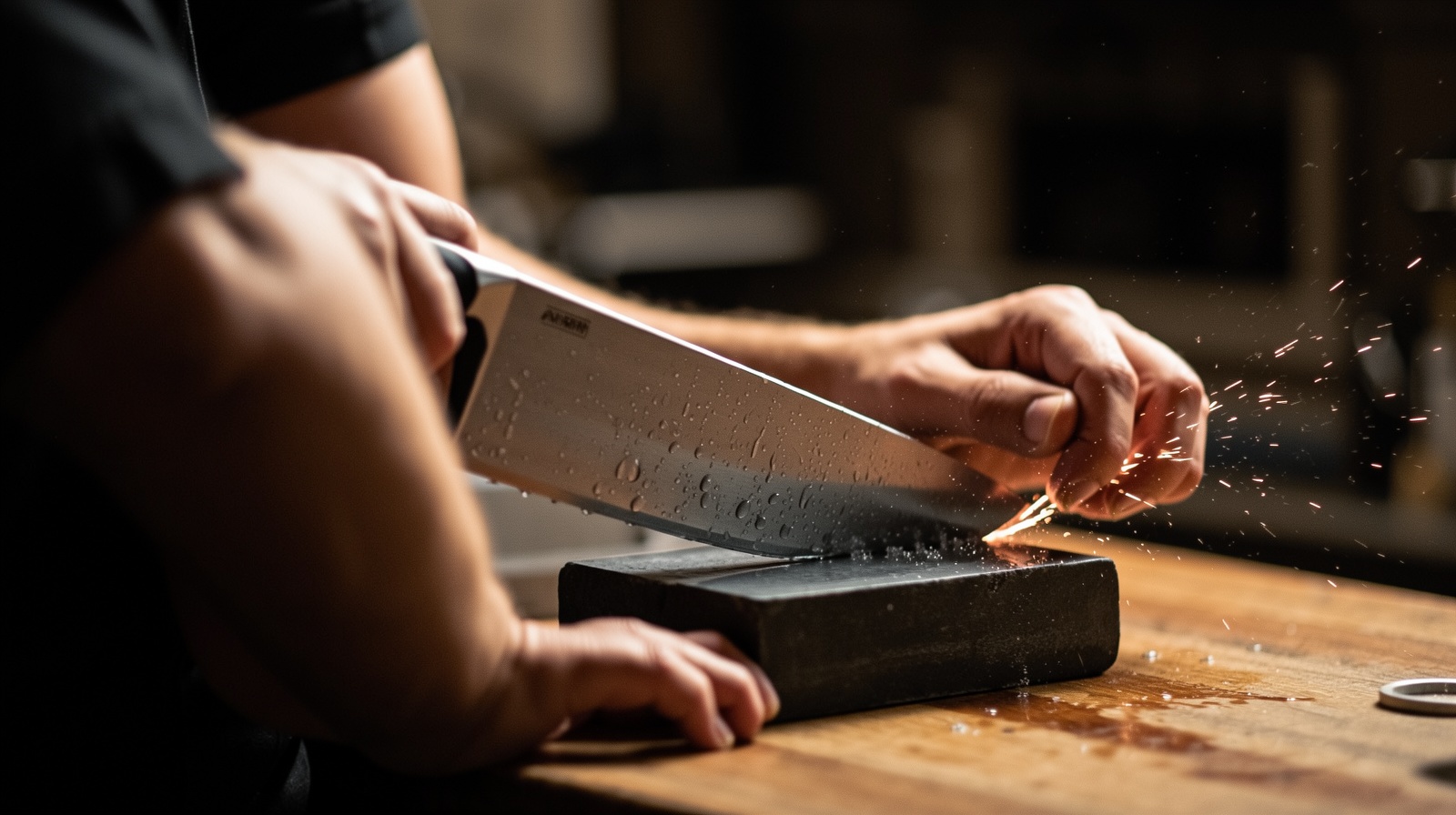 Chef sharpening a Chinese cleaver on a wet stone in a professional kitchen setting