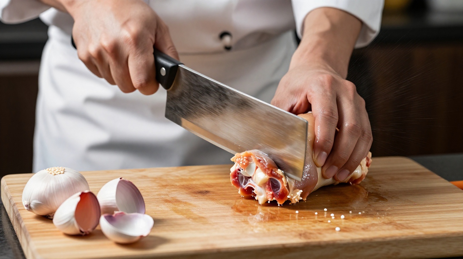 Chef efficiently breaking down a whole chicken with a single heavy cleaver