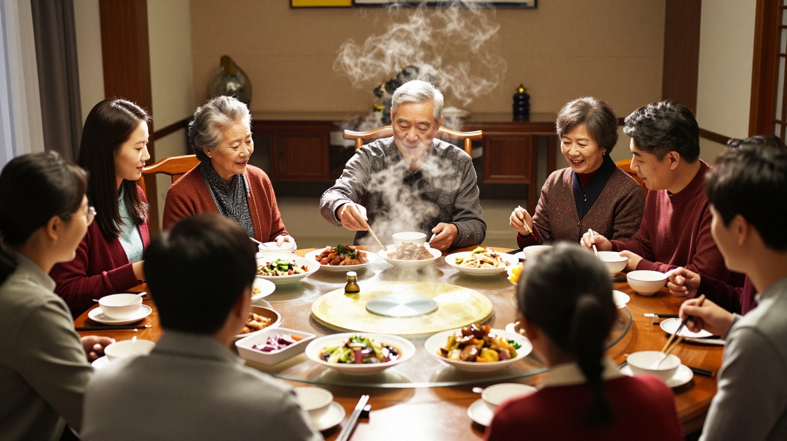 Young family members serving food to an elder by rotating the Lazy Susan during a traditional Chinese meal