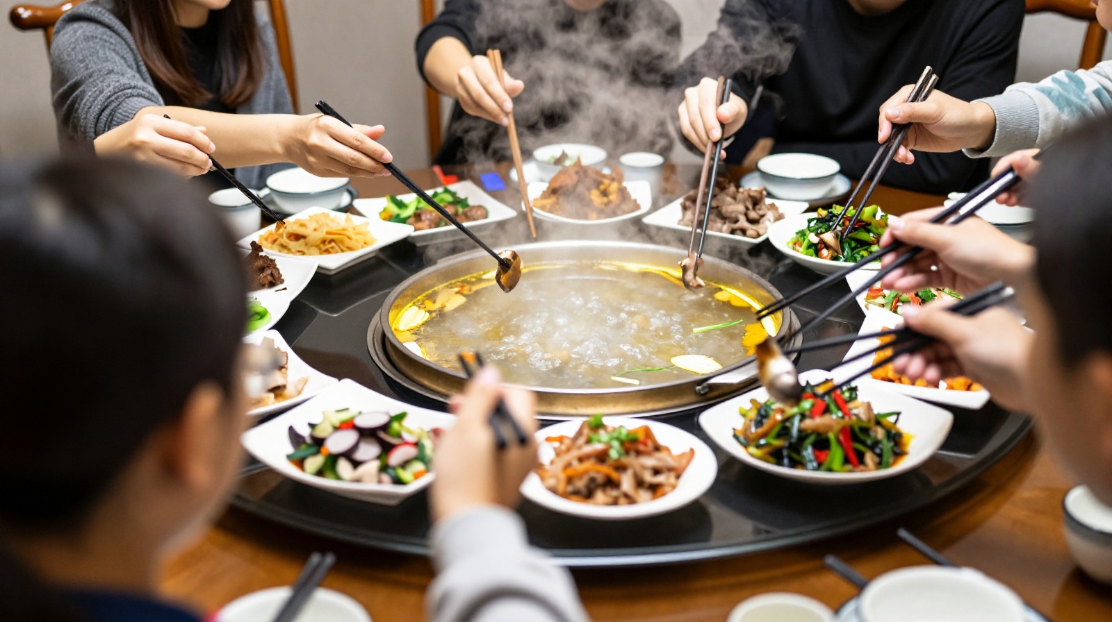 Diners coordinating their movements to avoid collisions while reaching for dishes on a shared Chinese dining table