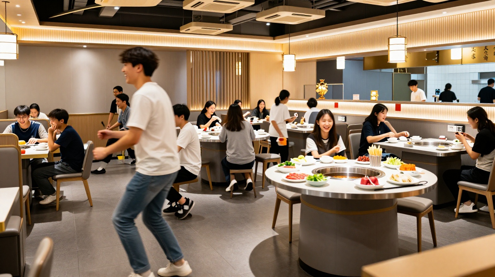 Young friends enjoying a casual meal at a modern Chinese hotpot restaurant while rotating the table