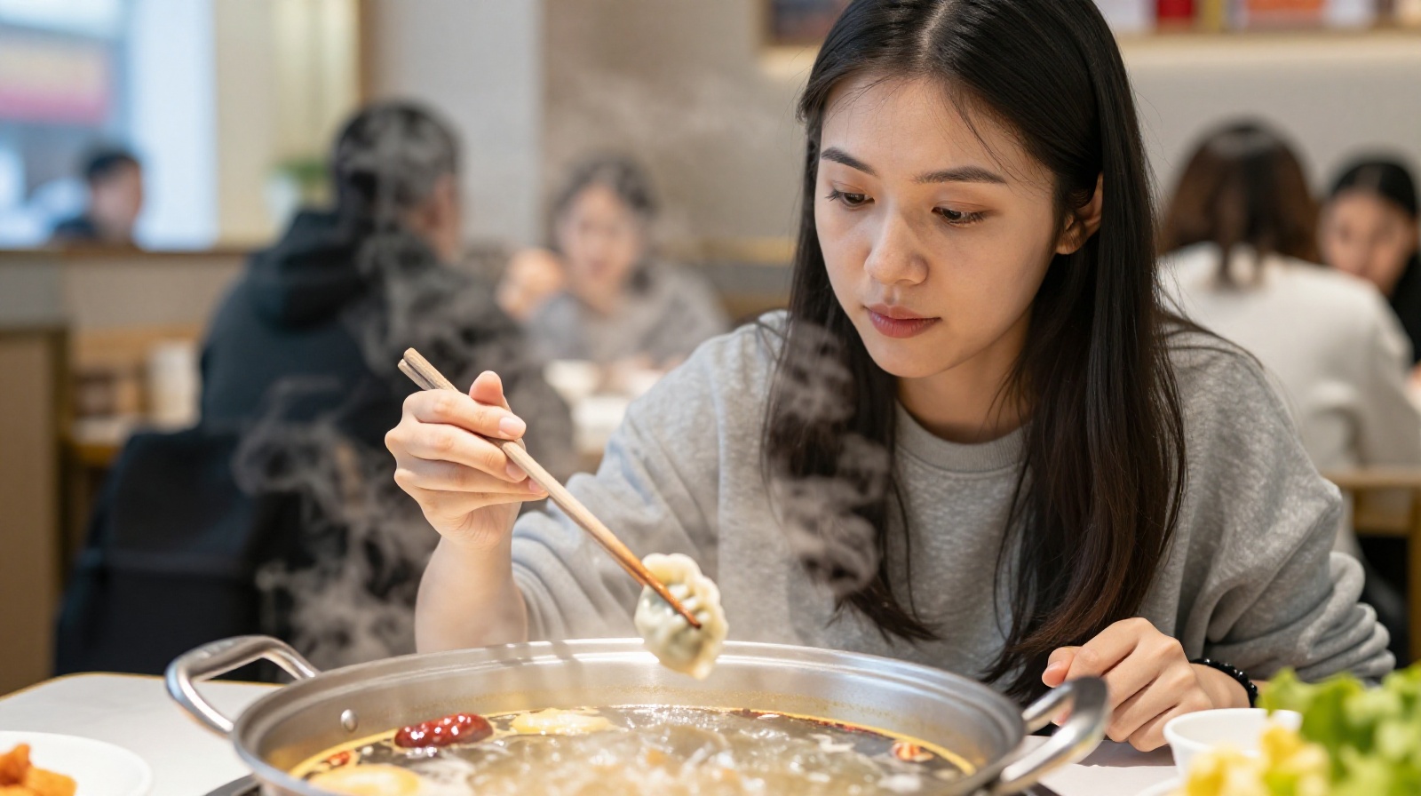 Close-up of a young Chinese woman using wooden chopsticks to eat dumplings at a lively hotpot restaurant table
