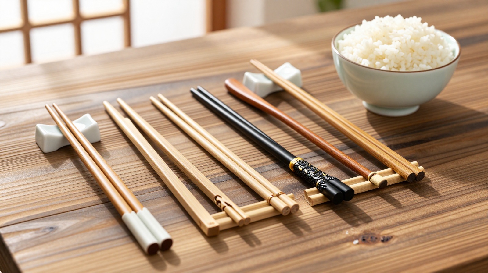 Variety of traditional Chinese chopsticks made from bamboo and wood displayed on a dining table