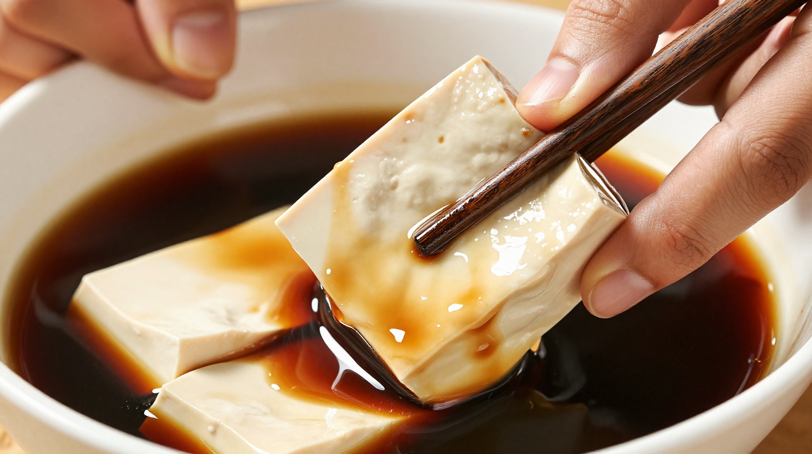 Macro photography of hands using chopsticks to delicately lift a piece of tofu showing culinary precision