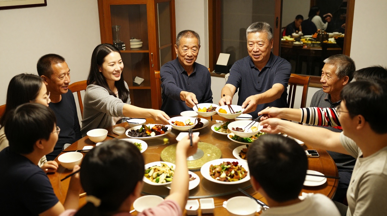Multi-generational Chinese family sharing a traditional dinner together using chopsticks at home
