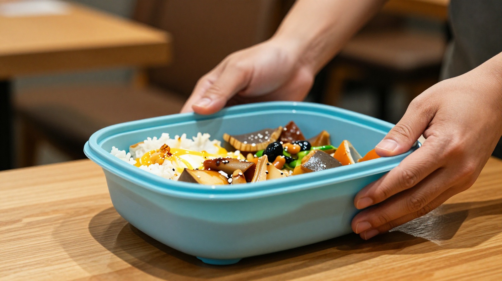 A close-up view of a diner packing leftover braised pork into a reusable silicone container at a Chinese restaurant, highlighting the cultural habit of Dabao.