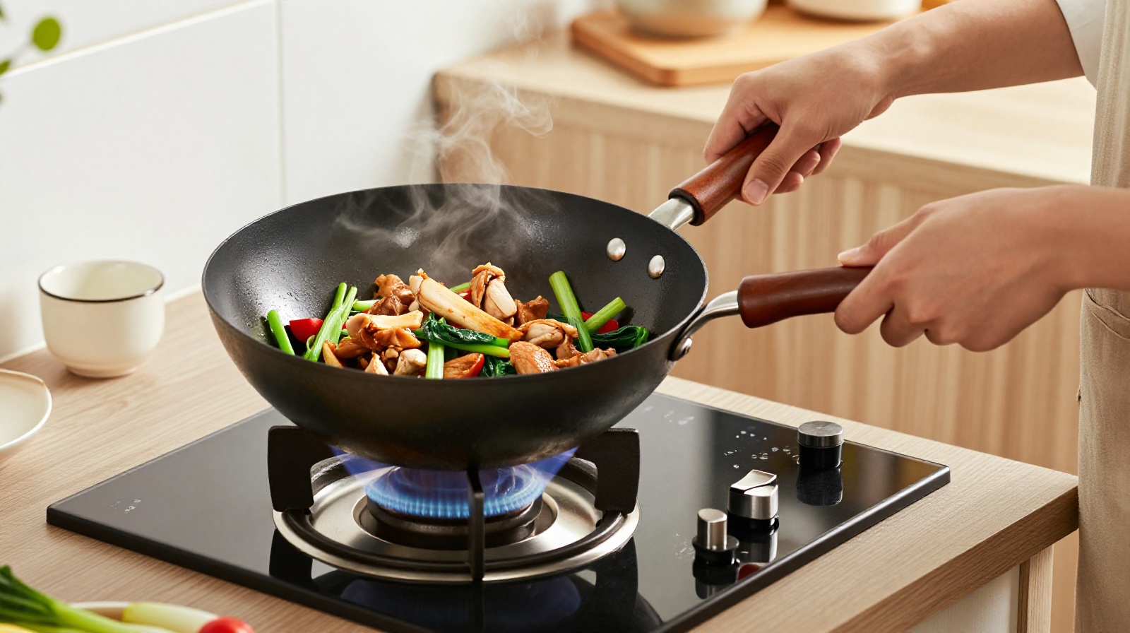 A person cooking leftover food in a home kitchen, demonstrating how Chinese families reprocess Dabao meals for the next day.