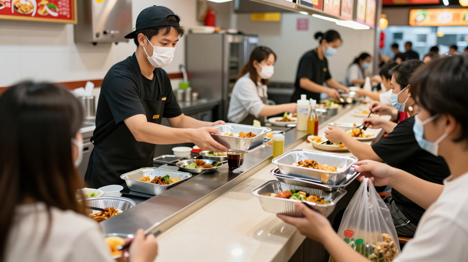 Restaurant staff providing eco-friendly packaging for customers to take their food away, showcasing the system behind China's packing culture.