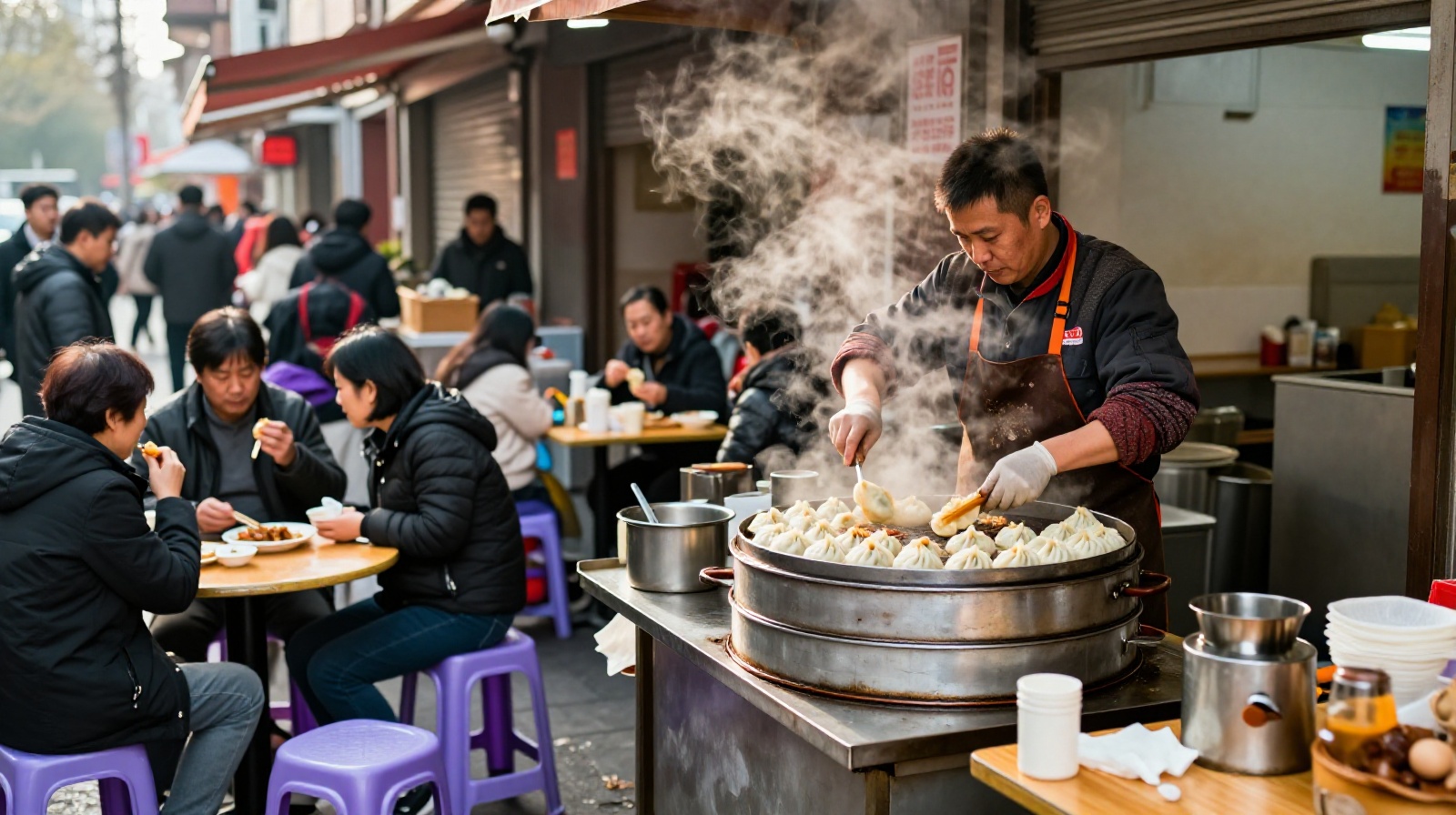 Busy Chinese street food vendor preparing steamed dumplings for customers in the morning