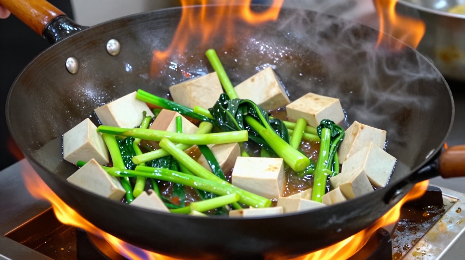 Chef cooking fresh vegetables quickly in a hot wok to preserve nutrients