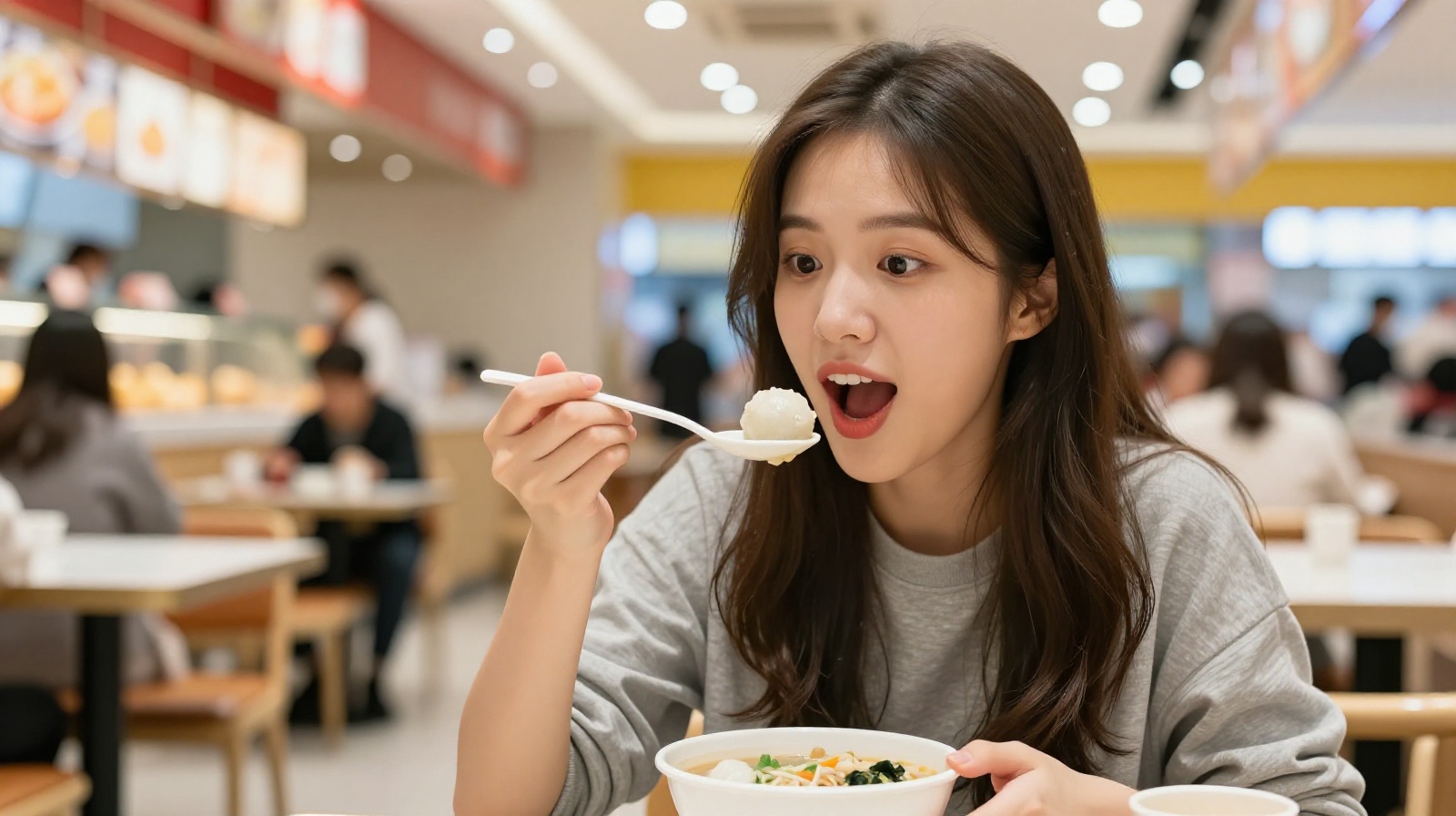 Young Chinese woman tasting bouncy Q-textured fish ball soup in a busy Shanghai food court