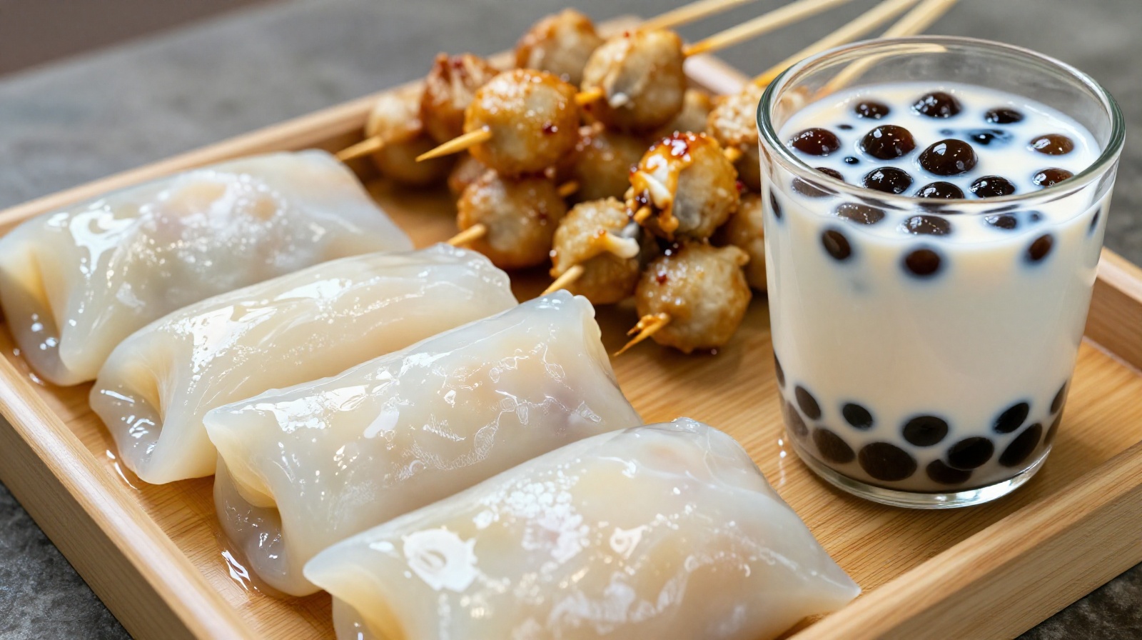 Assorted Chinese snacks with Q texture including sticky rice cakes, boba pearls, and fish balls