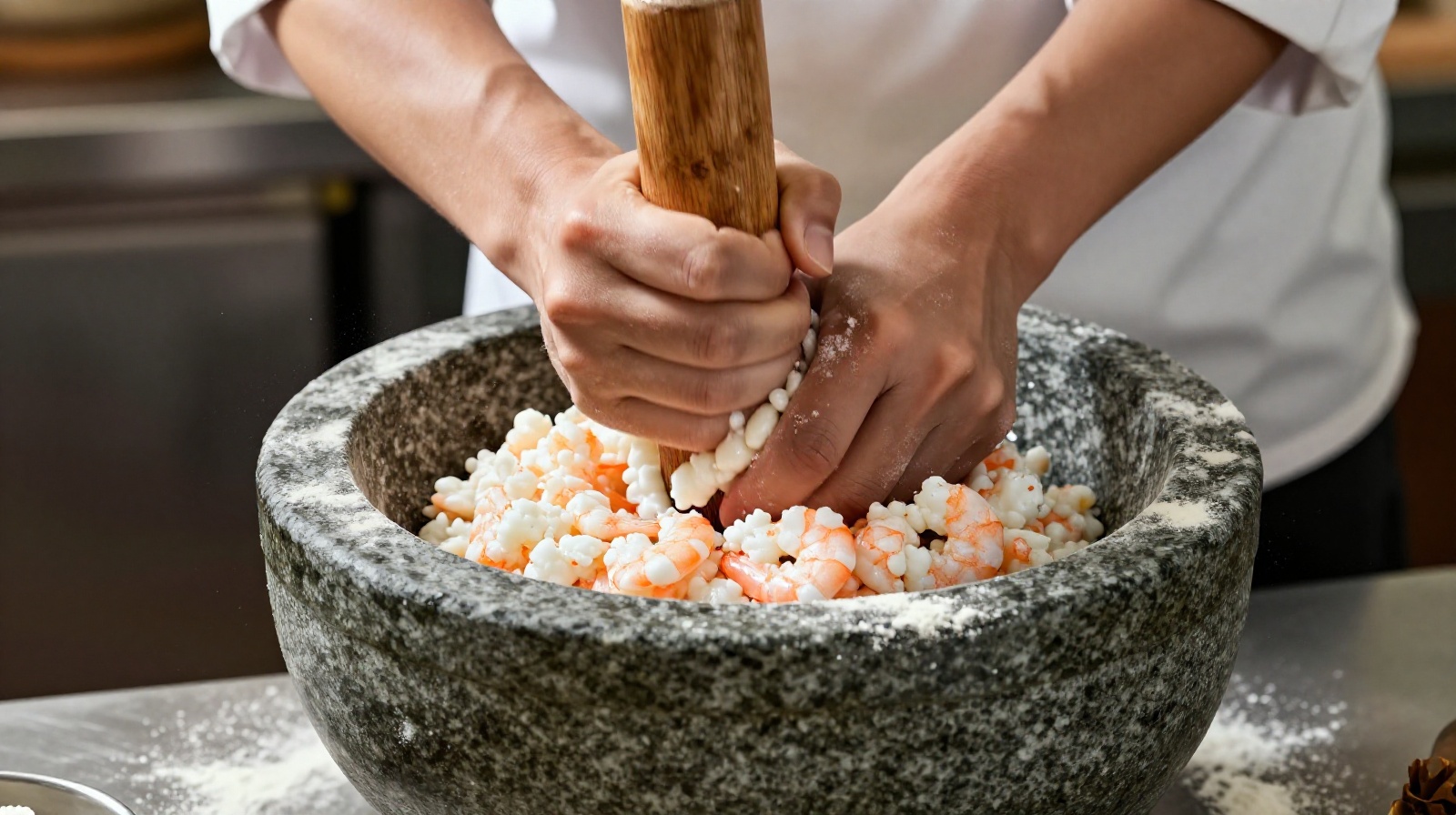 Chef preparing Q-textured seafood balls by hand-pounding ingredients in a traditional style
